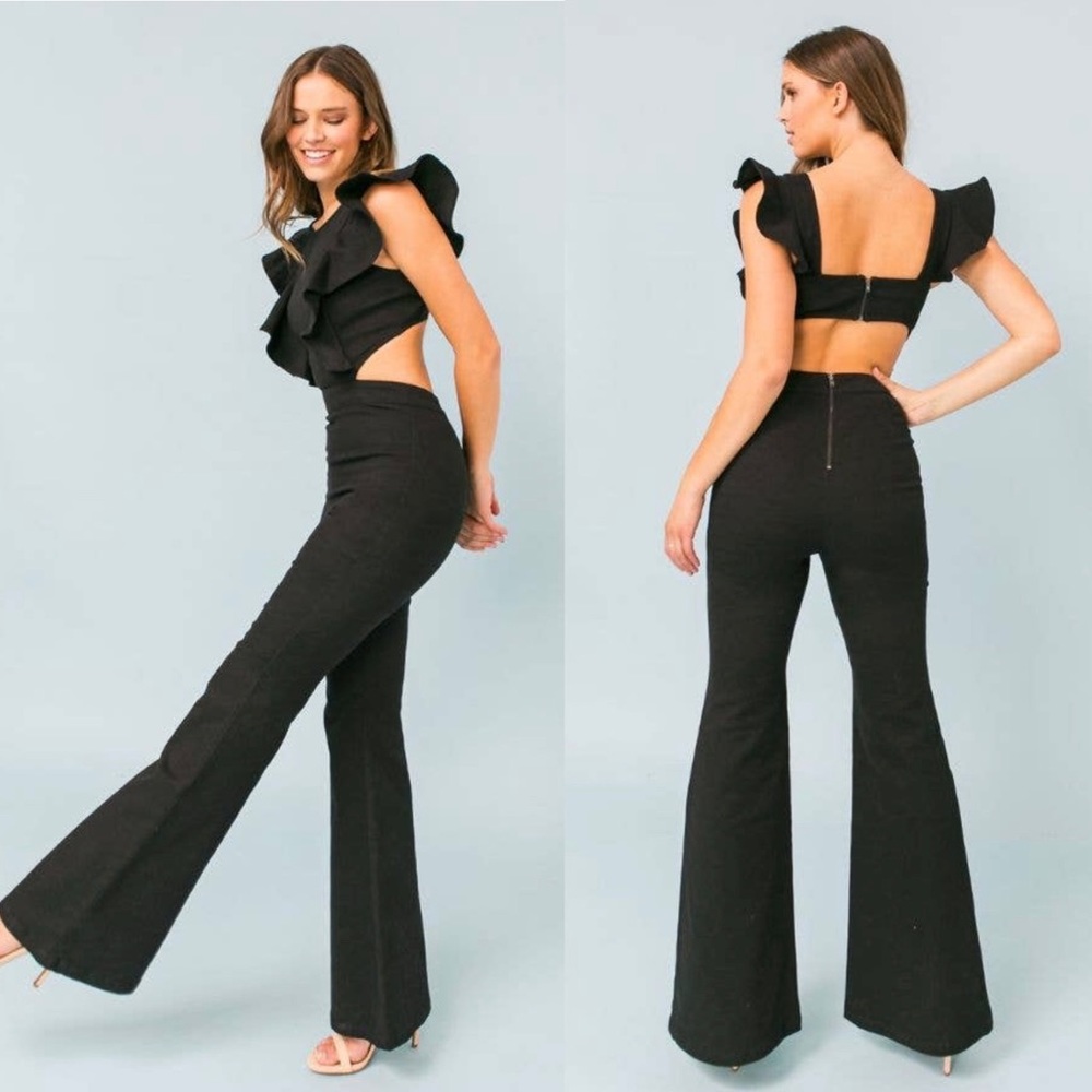 Ruffle Stretch Denim Jumpsuit NWT